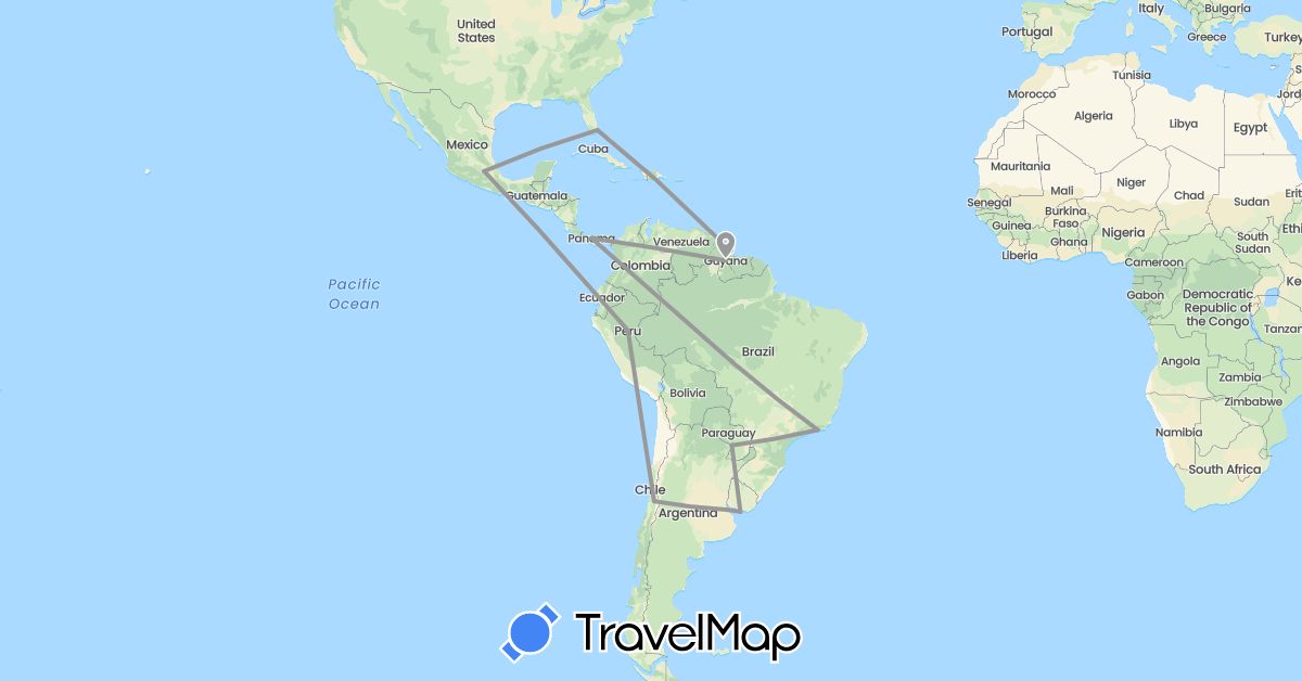 TravelMap itinerary: driving, plane in Argentina, Brazil, Chile, Guyana, Mexico, Panama, Peru, Paraguay, United States, Uruguay (North America, South America)